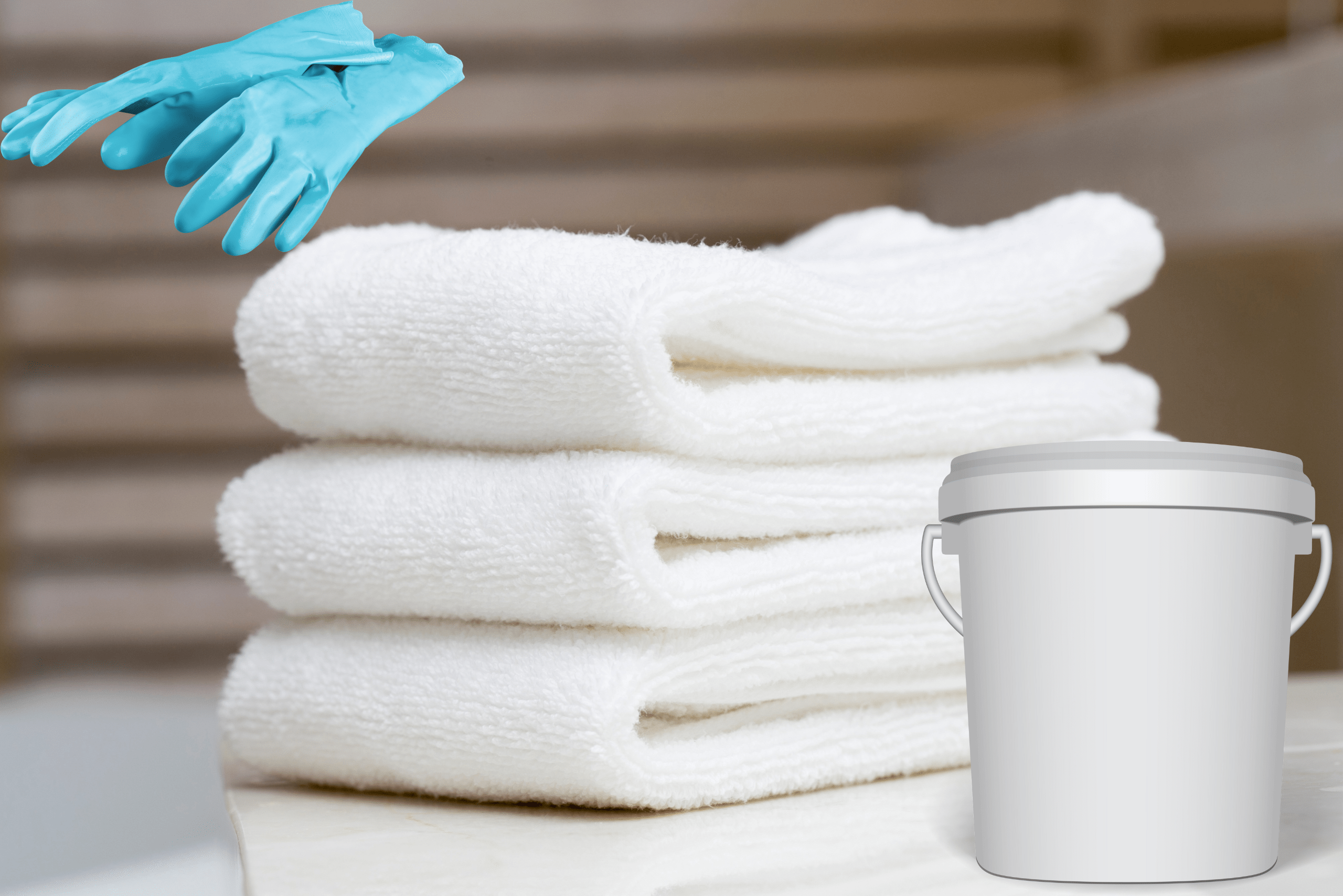 A stack of towels with overlay of rubber gloves and white bucket.