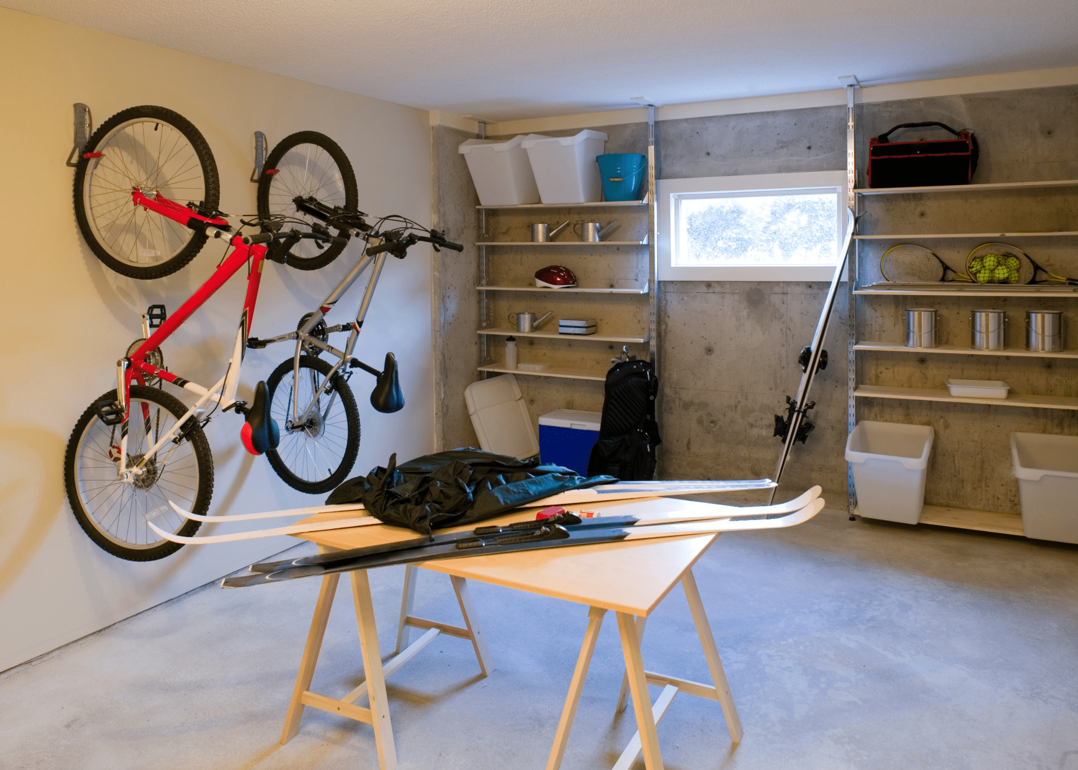 clean garage with bikes hanging on wall