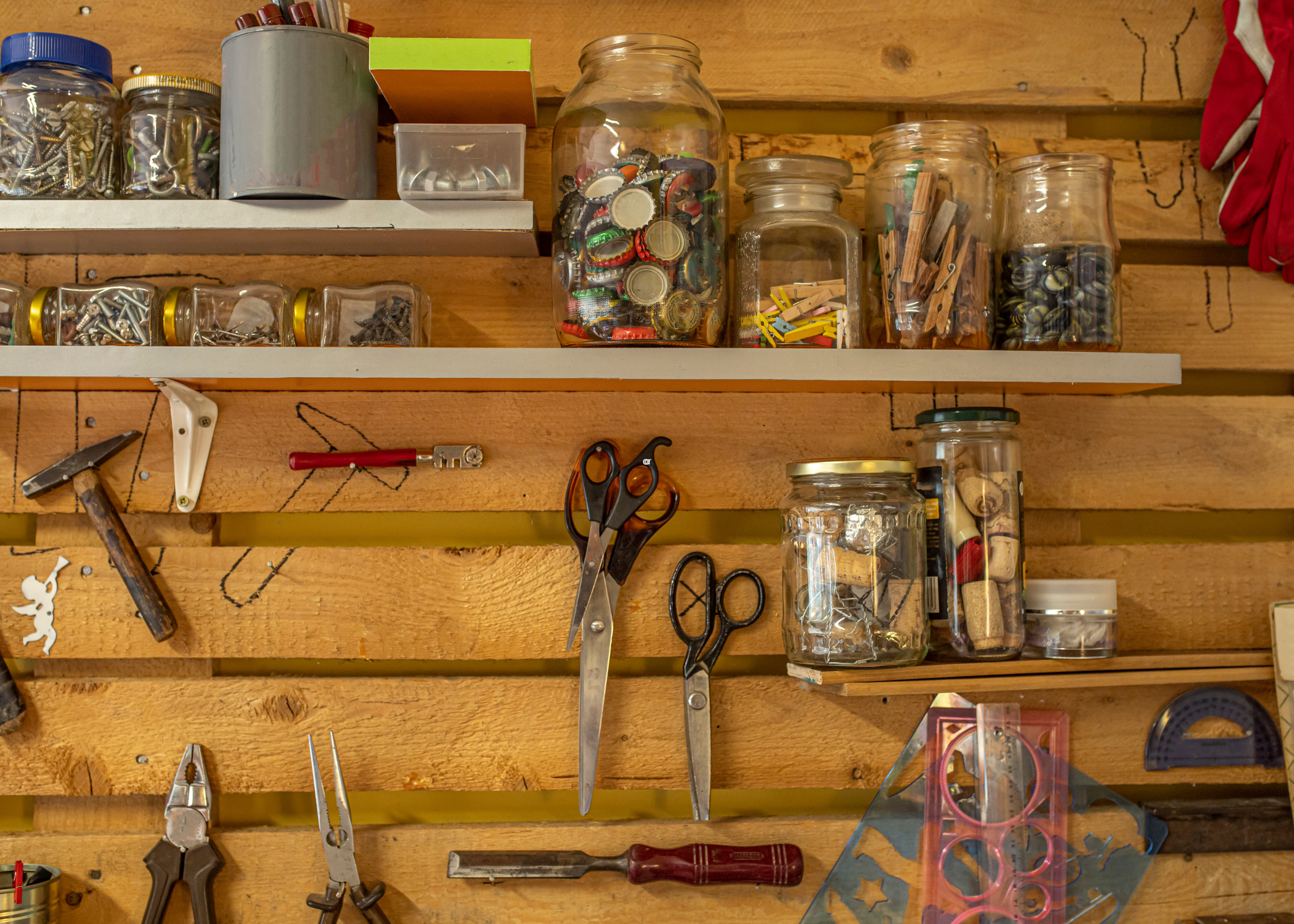 shelves with tools and screws on them