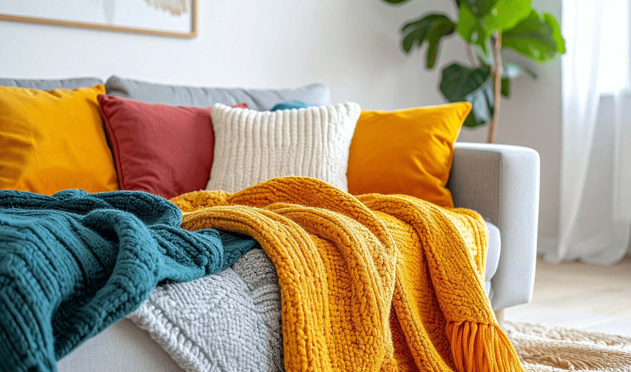 A couch with colorful throw pillows and blankets.