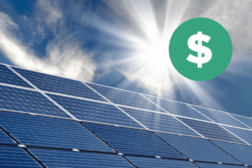 Sun shining on solar panel with dollar sign overlaid in the corner.