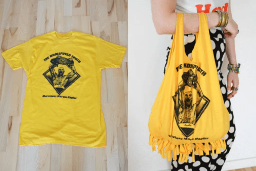 Before and after of a t-shirt turned into tote bag.