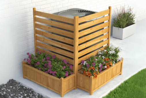 Wooden walls hiding A/C unit.