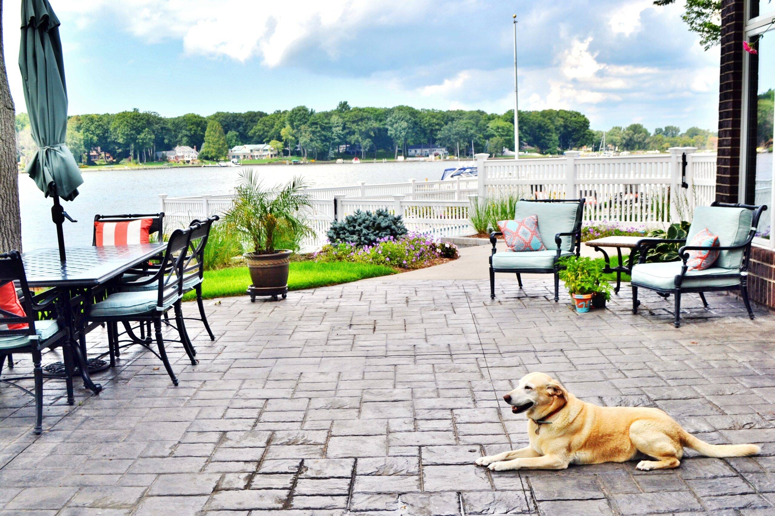 A stamped concrete patio for a lakefront home.