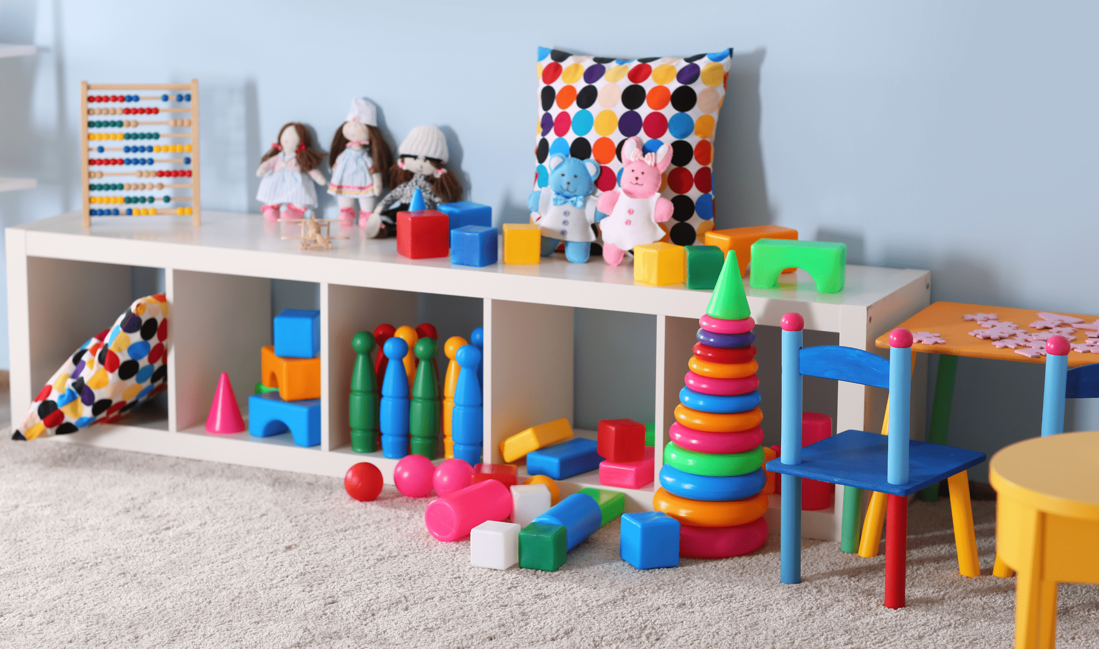 Shelves of kids toys.
