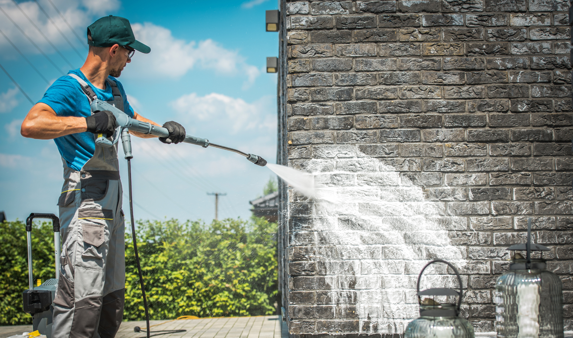 A man pressure washing brick siding.