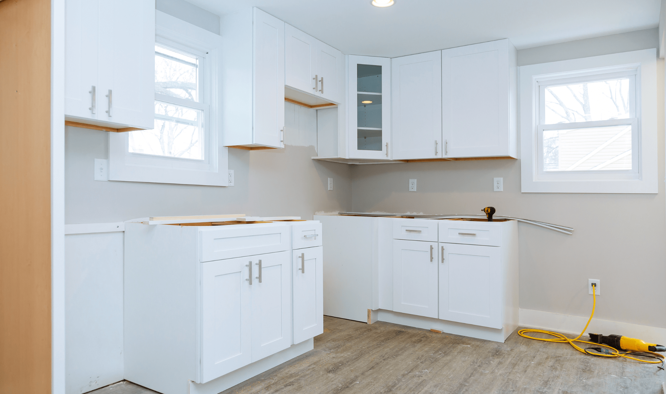 Kitchen cabinets during a renovation.