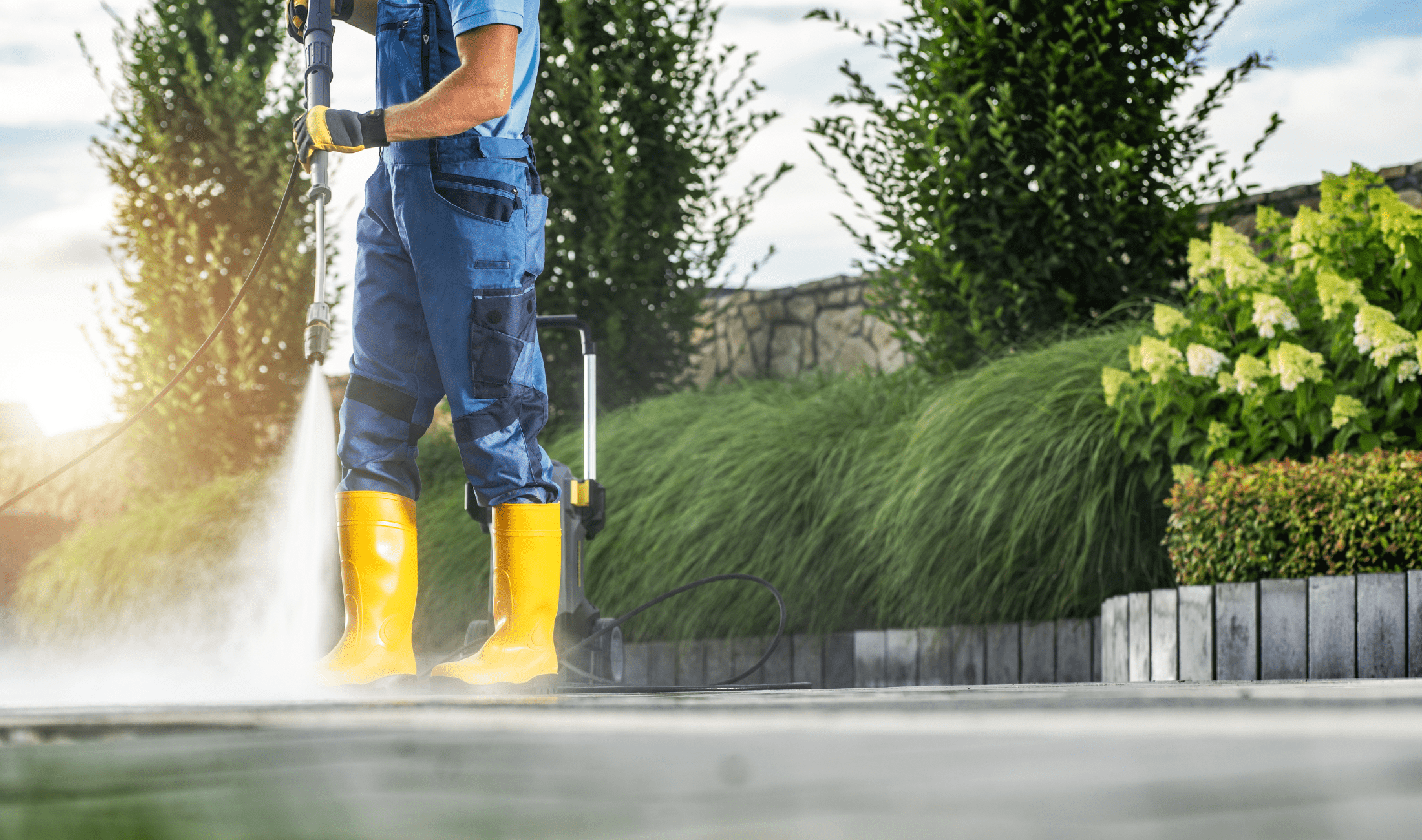 A man pressure washing a stone patio near a lush garden.
