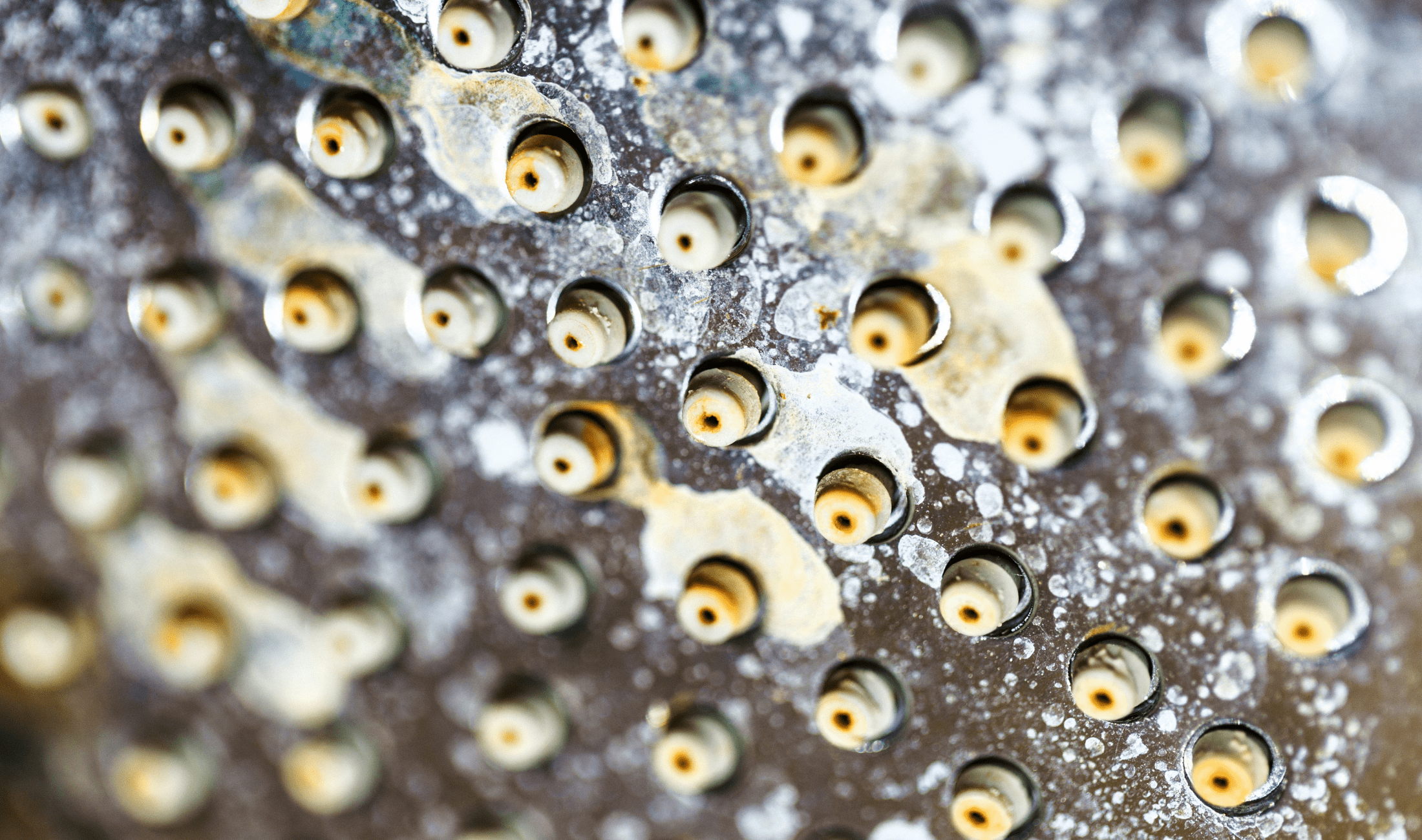 A closeup of a showerhead with lots of hard water deposits.