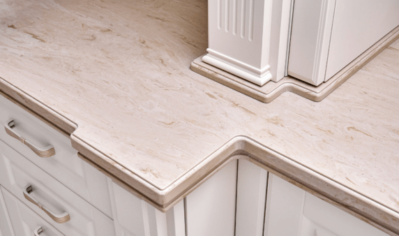 A close photo of a solid surface countertop.