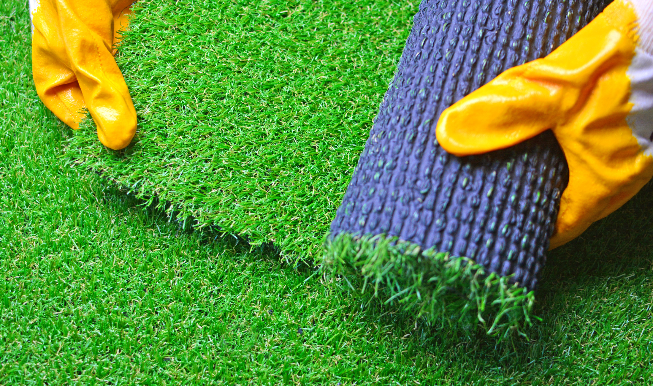 A person holding a roll of artificial turf.