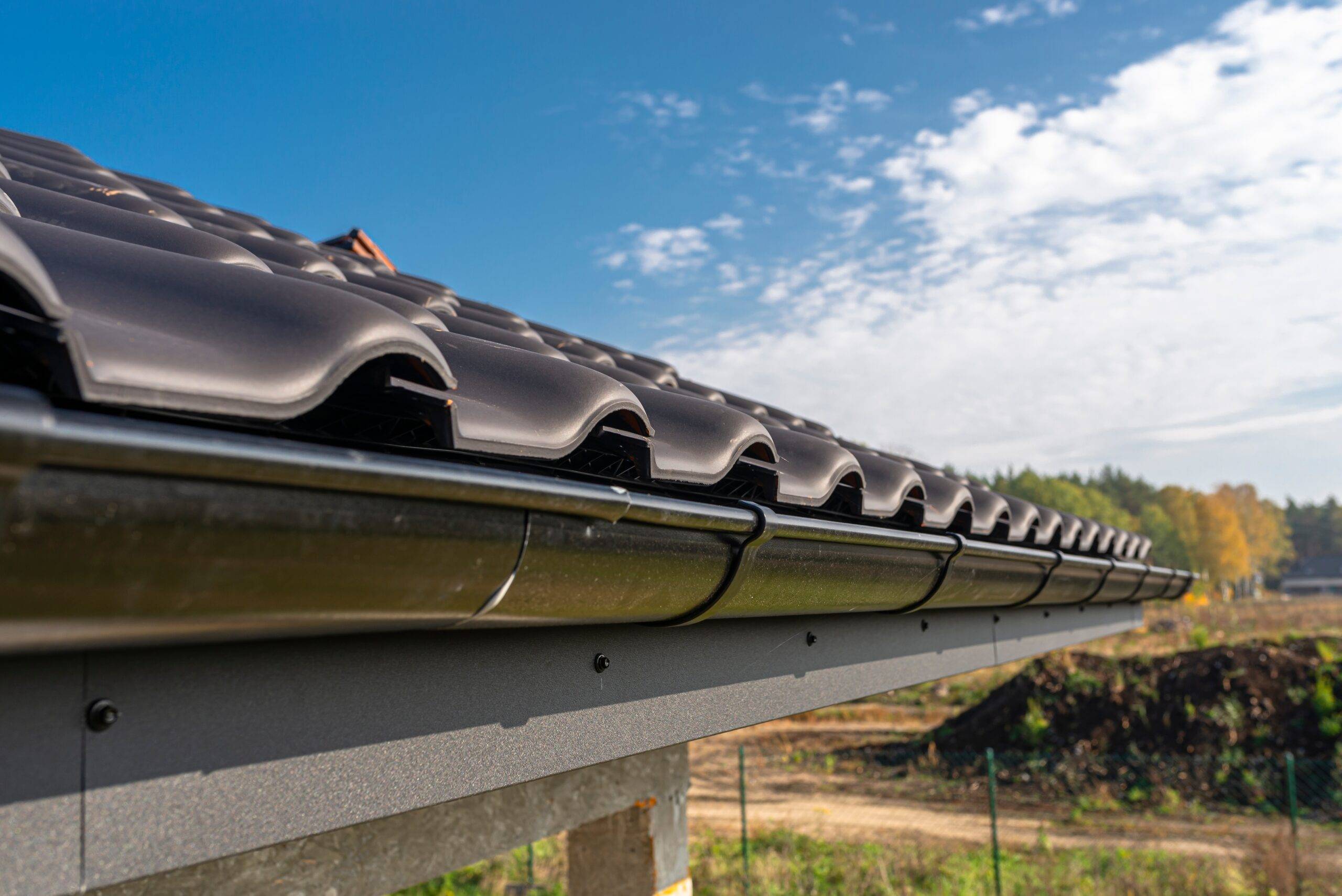 A close photo of a roof's edge, showing the shingles and the gutter.