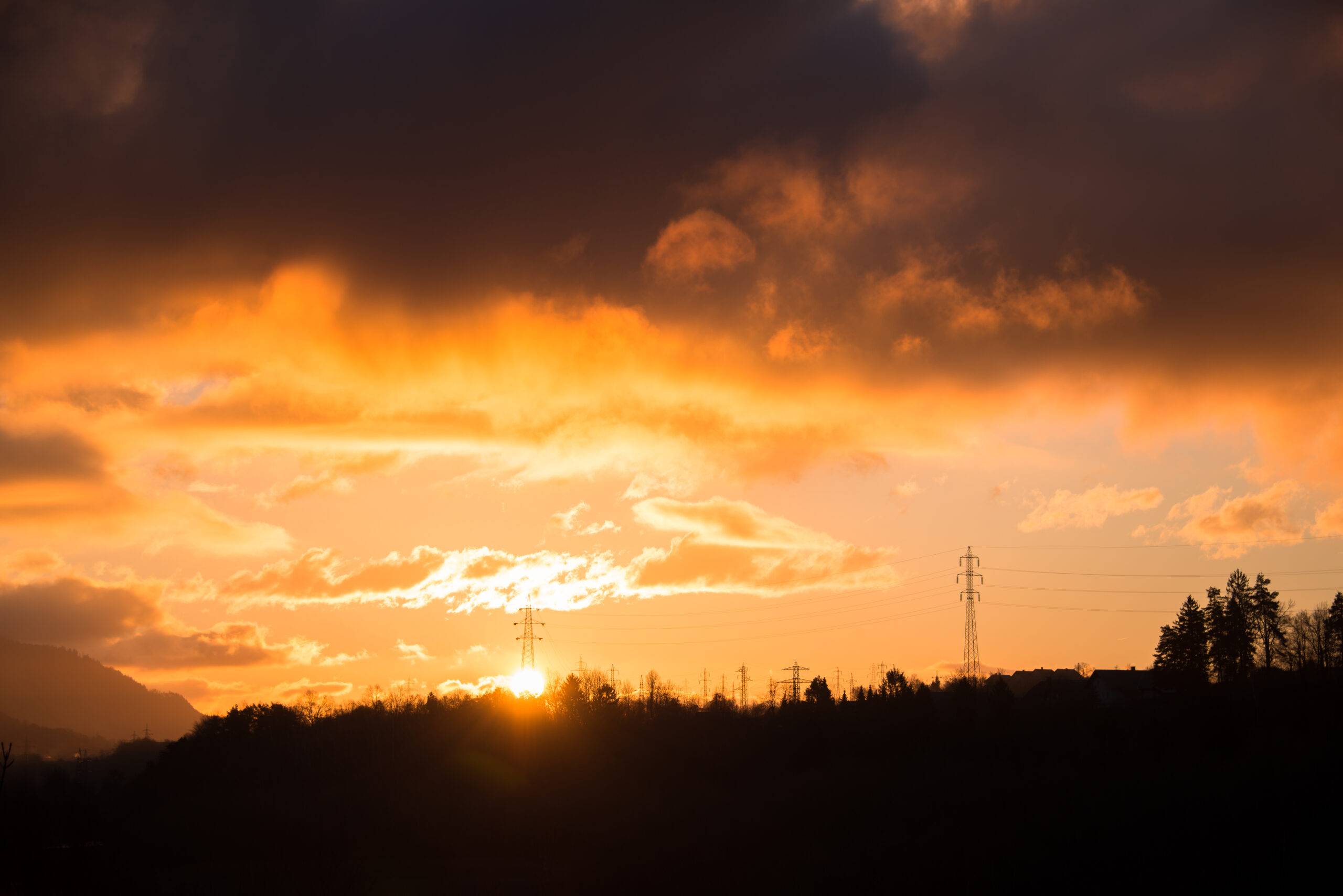 An orange sunrise across a grassy horizon.