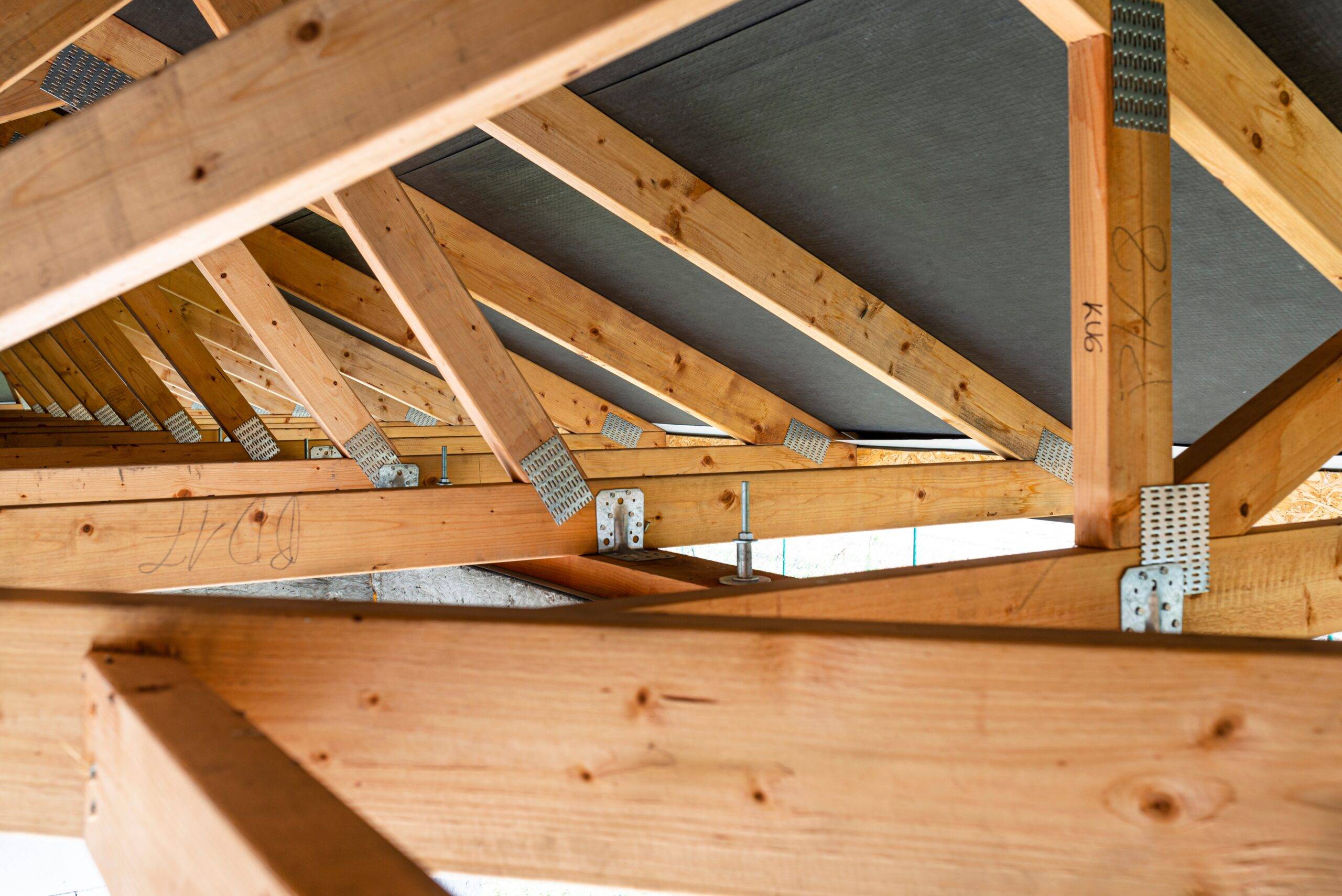 A close shot of roof trusses.