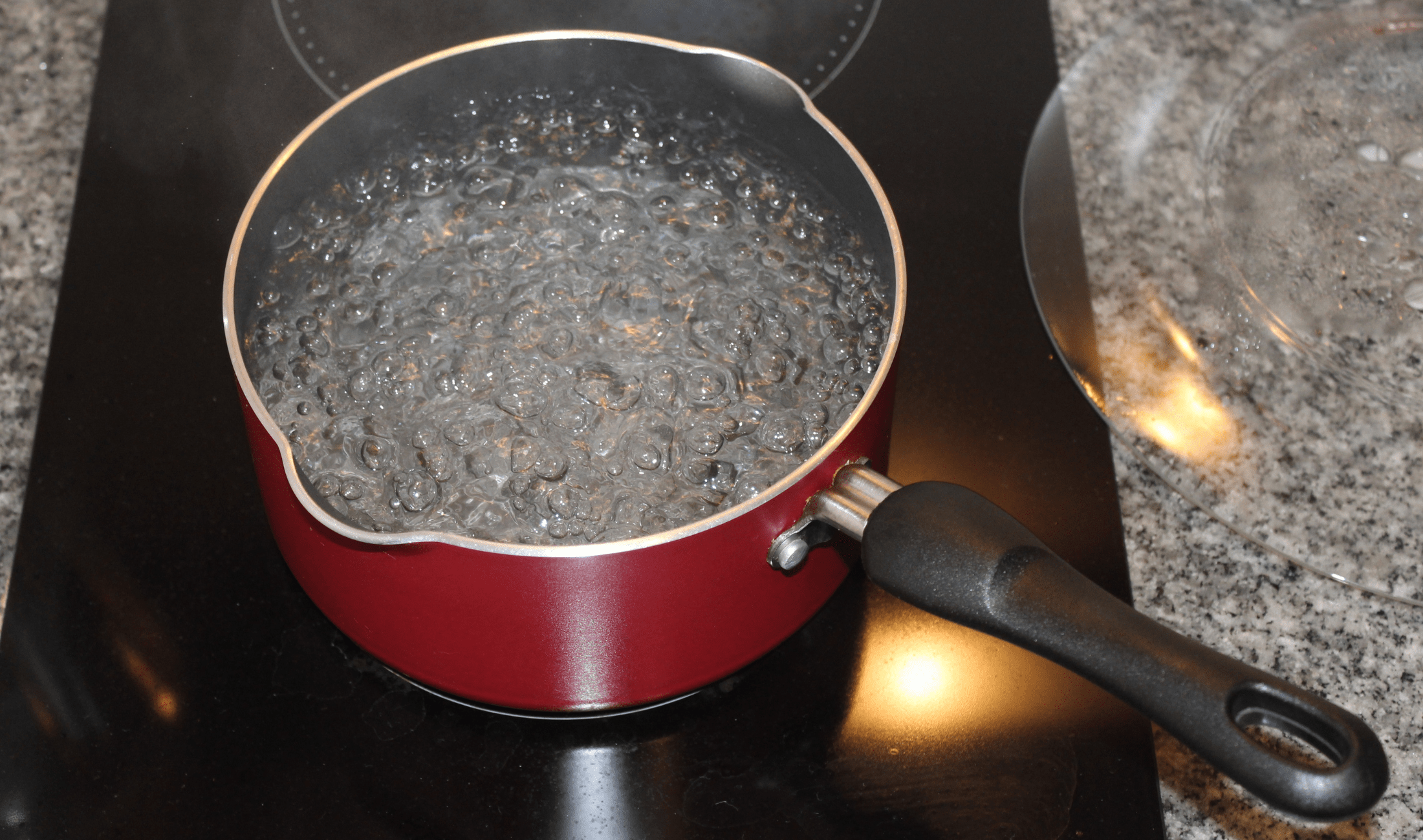 A pot of boiling water on the stove.