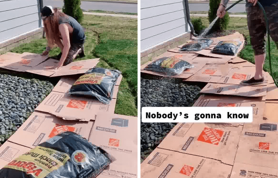 Two screencaps from the video where Brandon is using cardboard as a base layer for a garden.
