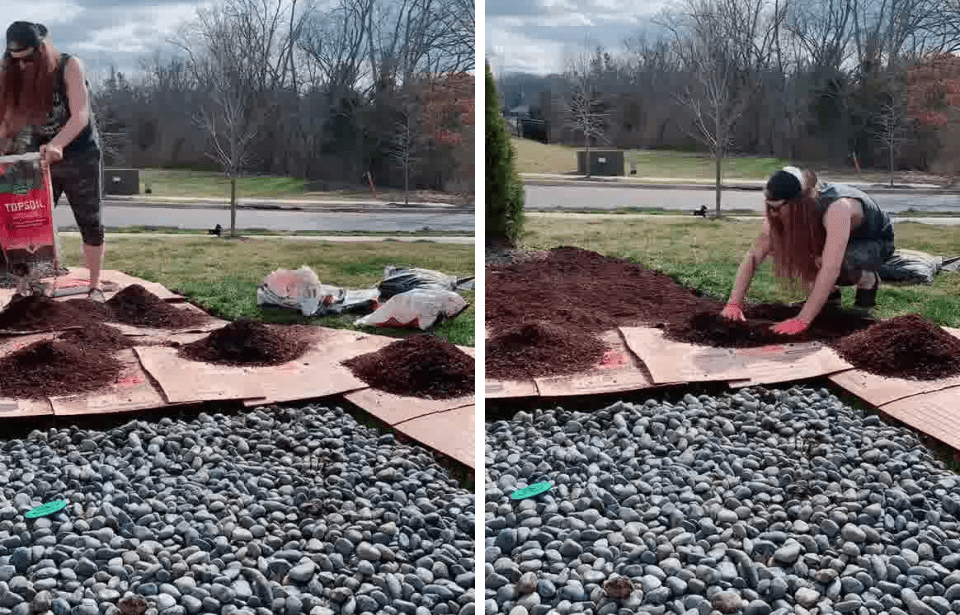 Two screencaps from the video where Brandon is using cardboard as a base layer for a garden.