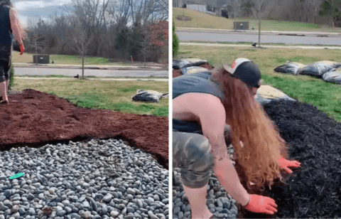 Two screencaps from the video where Brandon is using cardboard as a base layer for a garden.