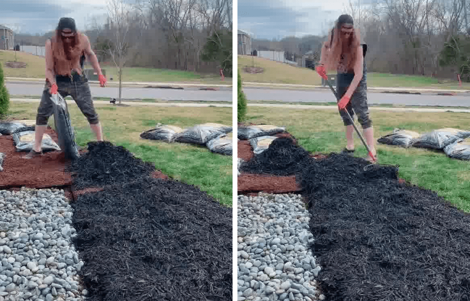 Two screencaps from the video where Brandon is using cardboard as a base layer for a garden.
