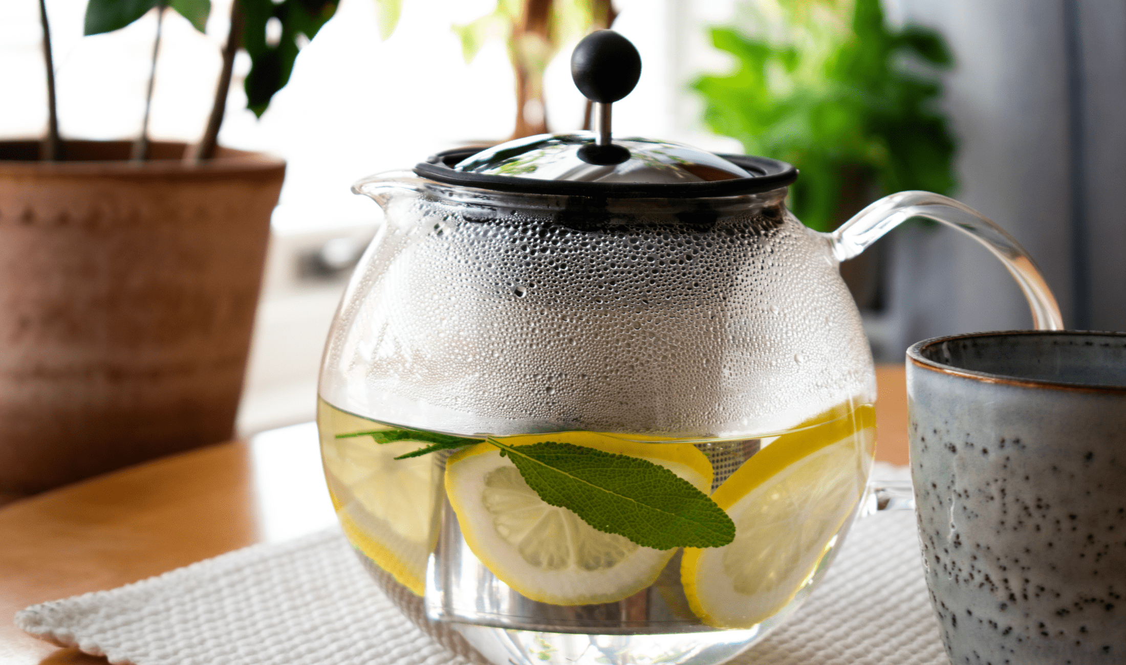 A teapot full of water and lemon slices.