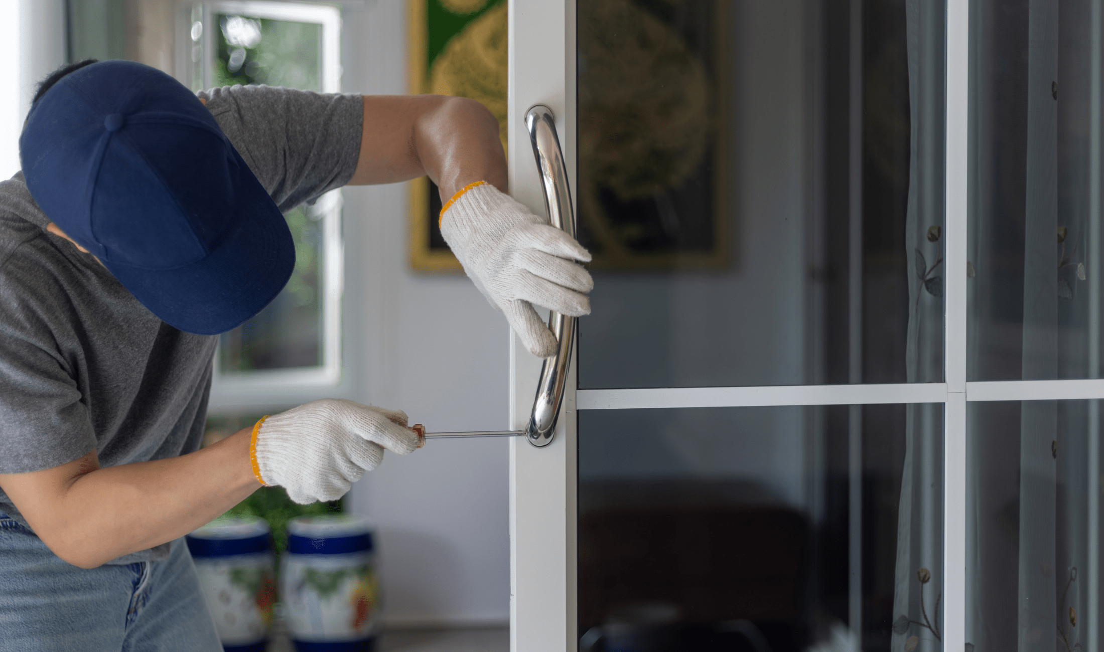 A man using a screwdriver on a door handle.