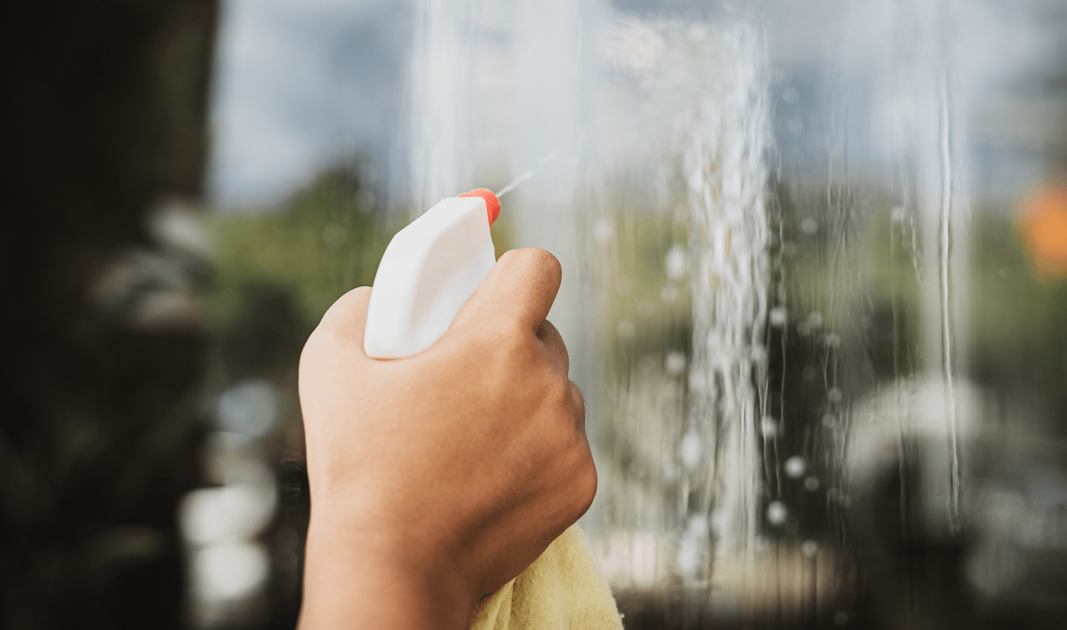 A person using a spray bottle of cleaner on a window.