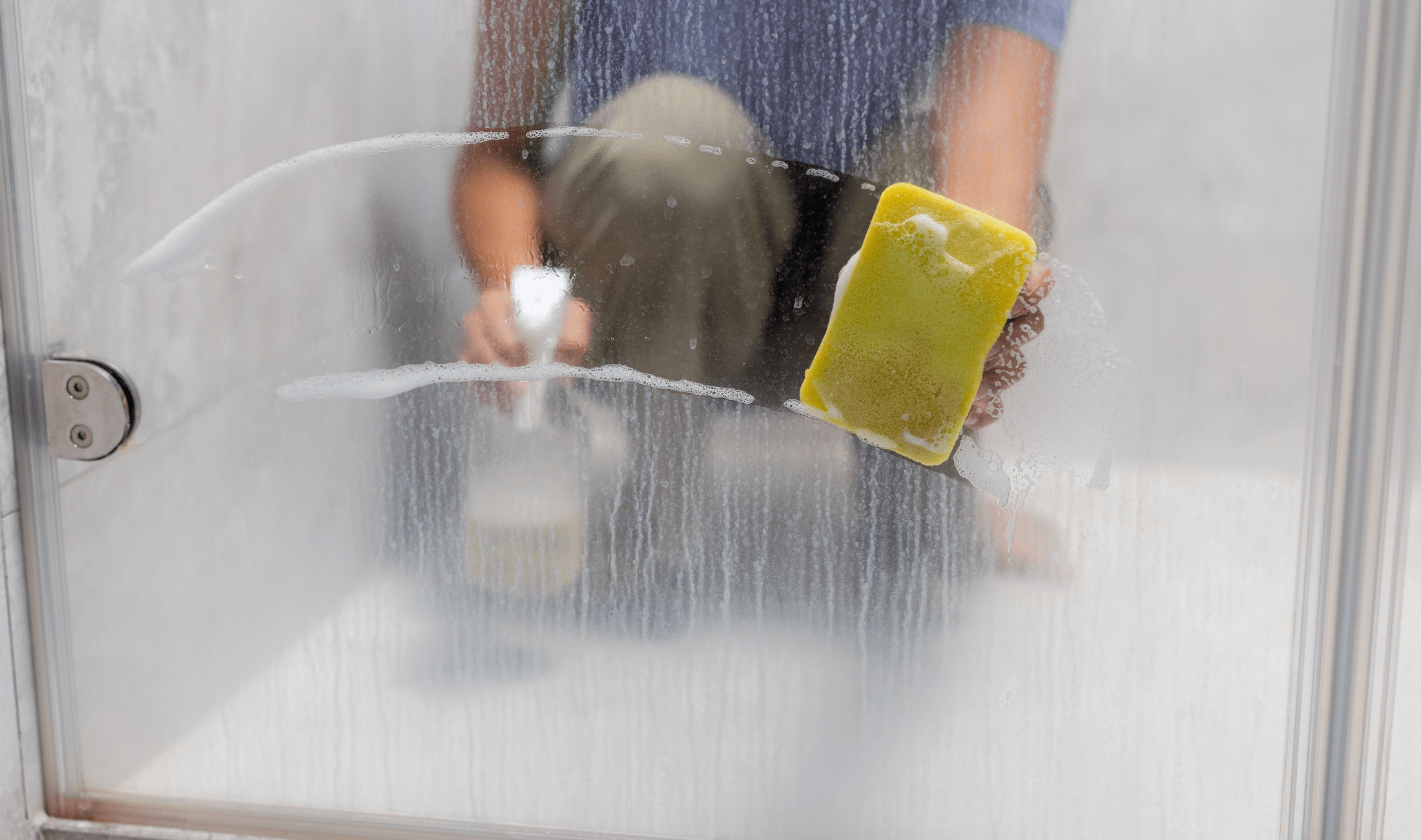 A woman cleaning hard water stains on the inside of her shower.