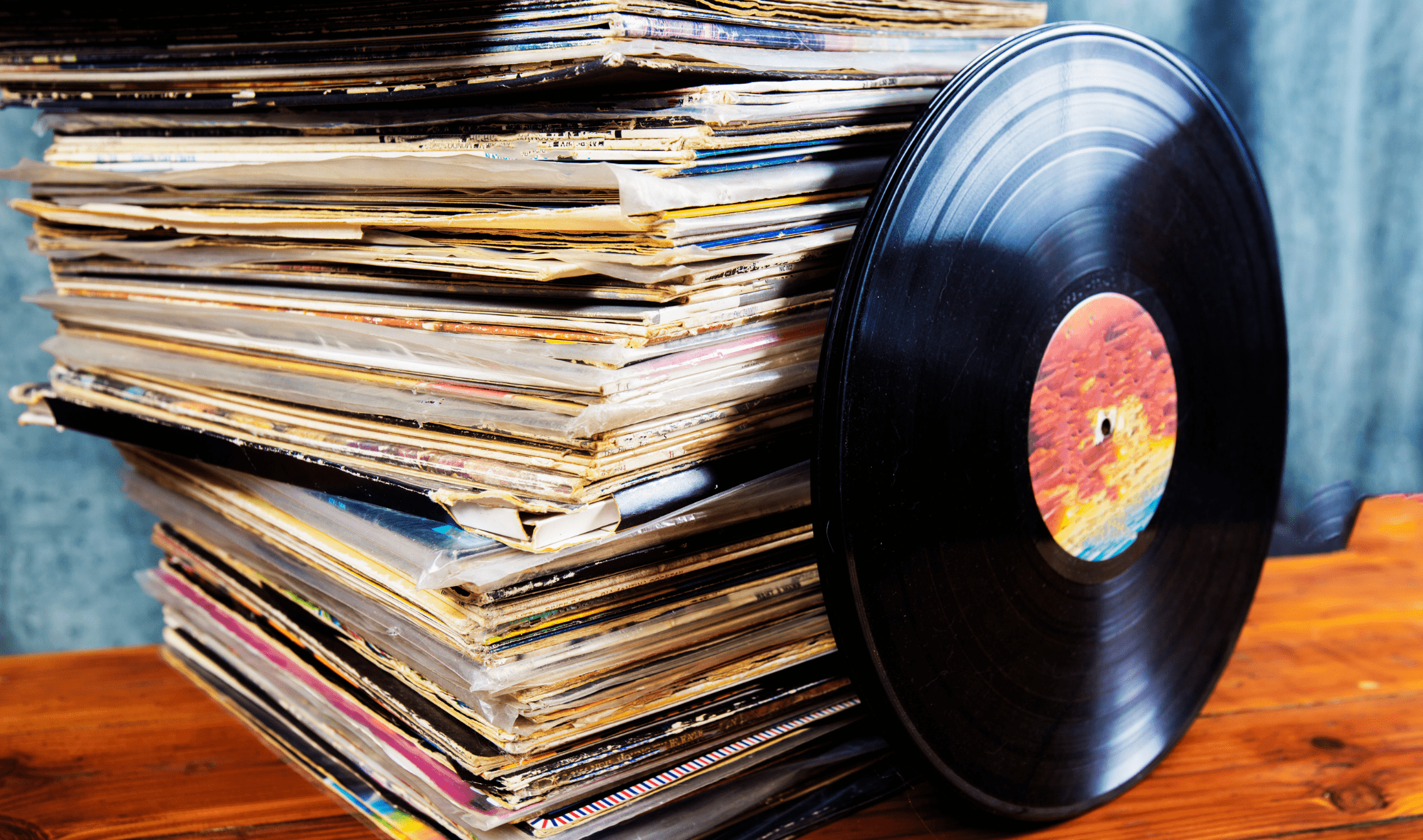 A stack of vinyl records.
