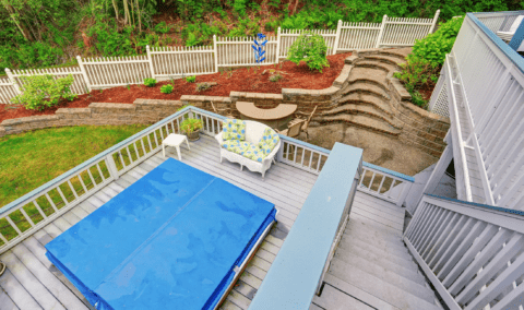 An above angle shot of a multi-layered backyard.