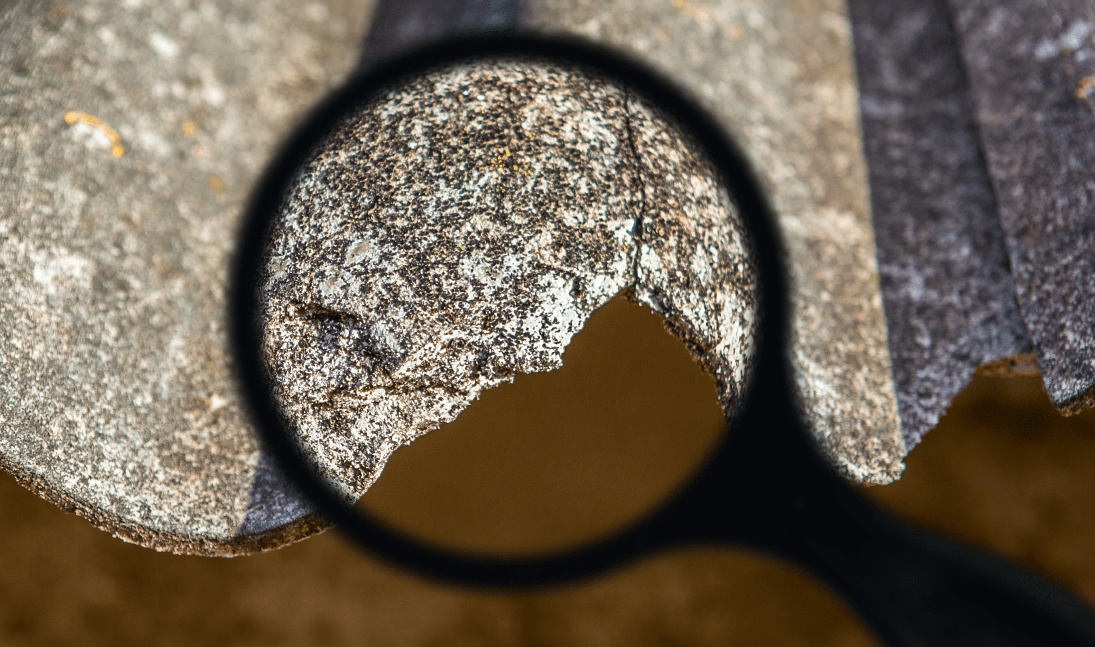 An edited photo of a magnifying glass stop a piece of asbestos.