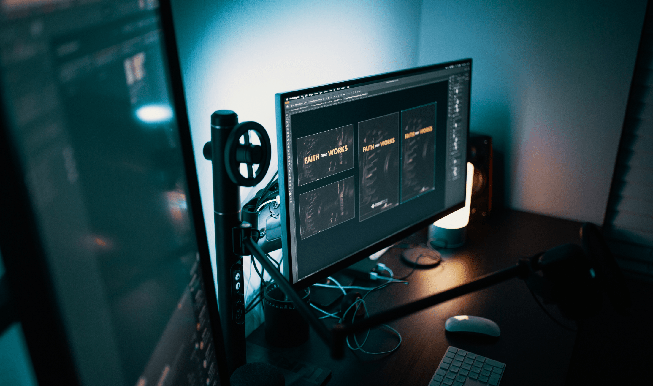 A person's desk setup with two computer monitors.