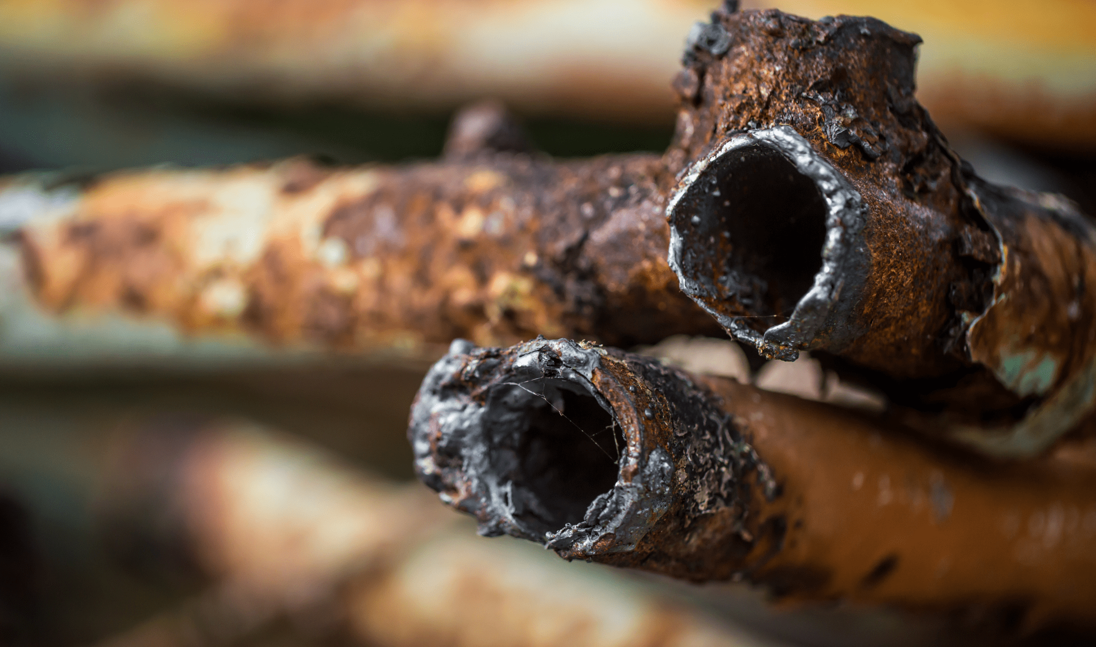 A closeup of old, heavuily rusted pipes.