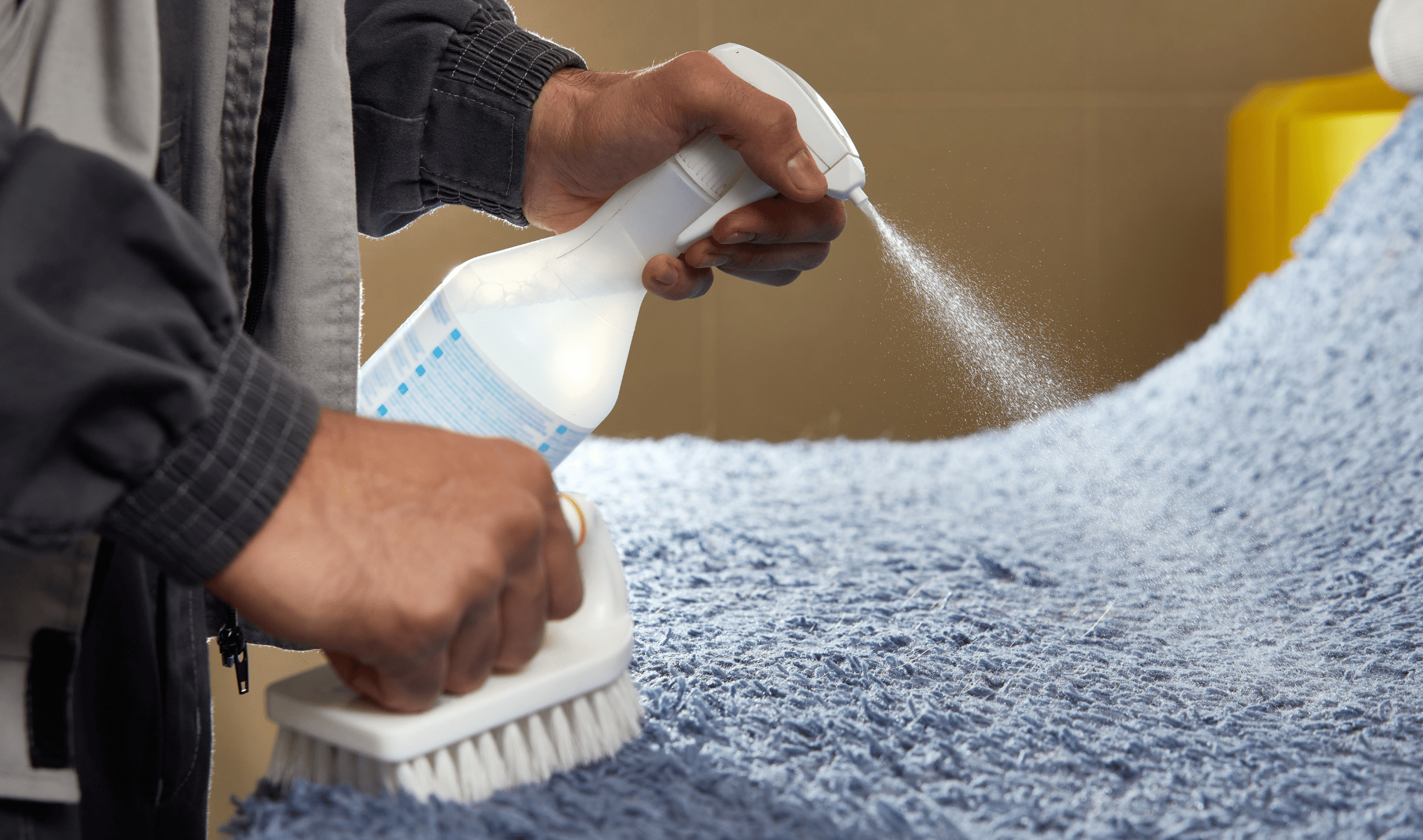 A person using a spray bottle and brush on a carpet.