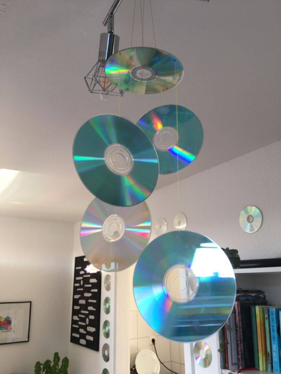 A mobile made of blank CDs.