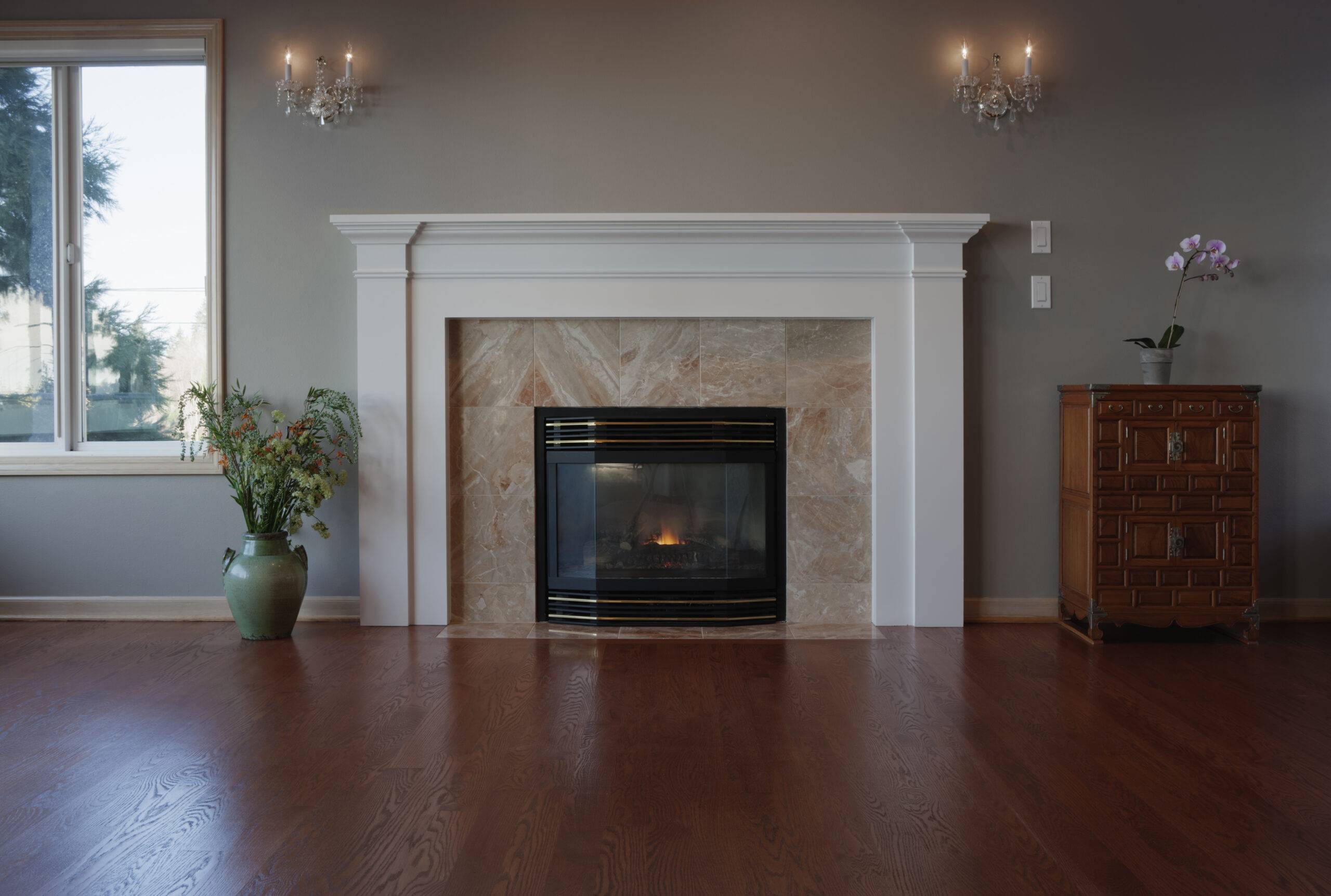 Fireplace and mantle in living room