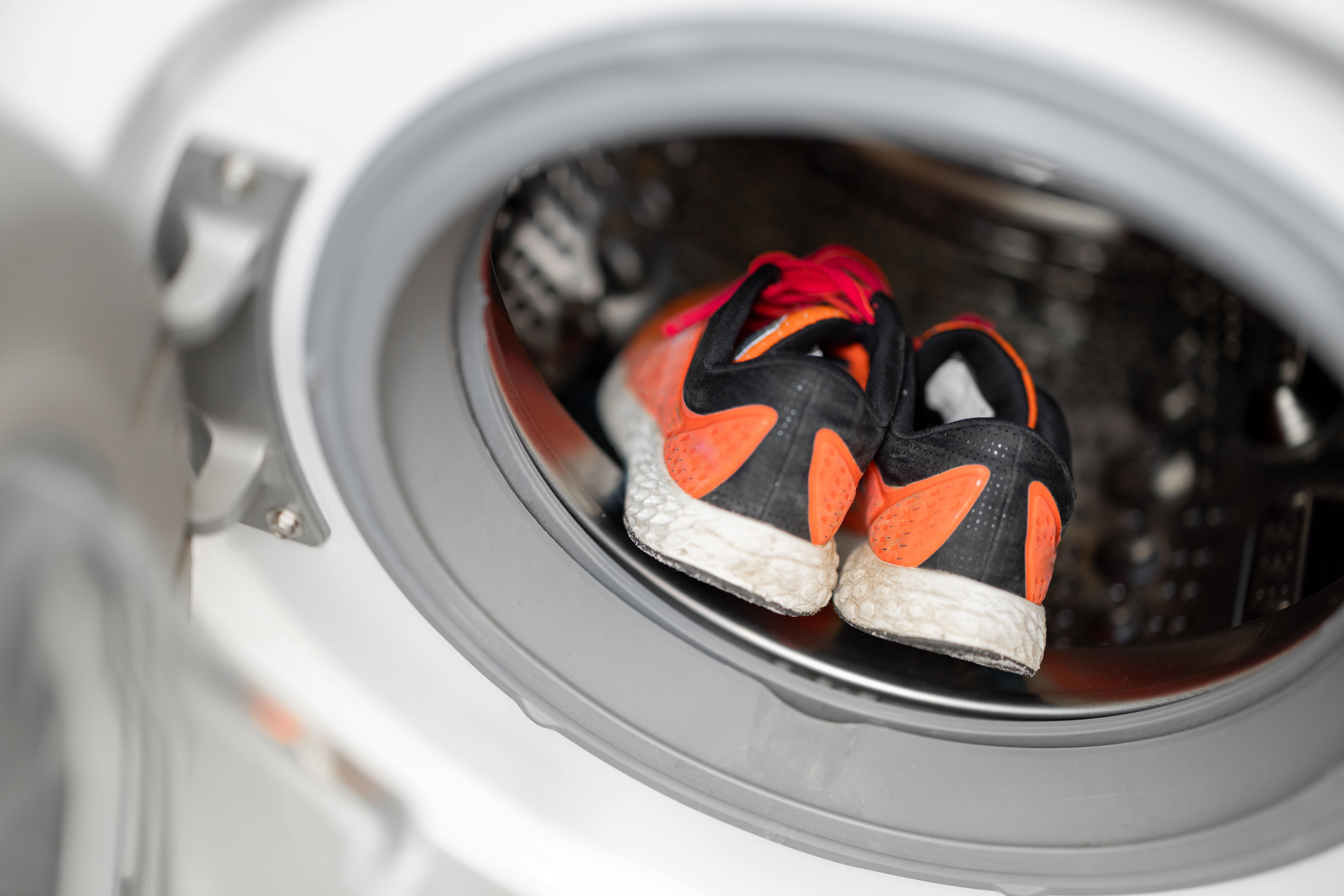 A pair of shoes in an open dryer.