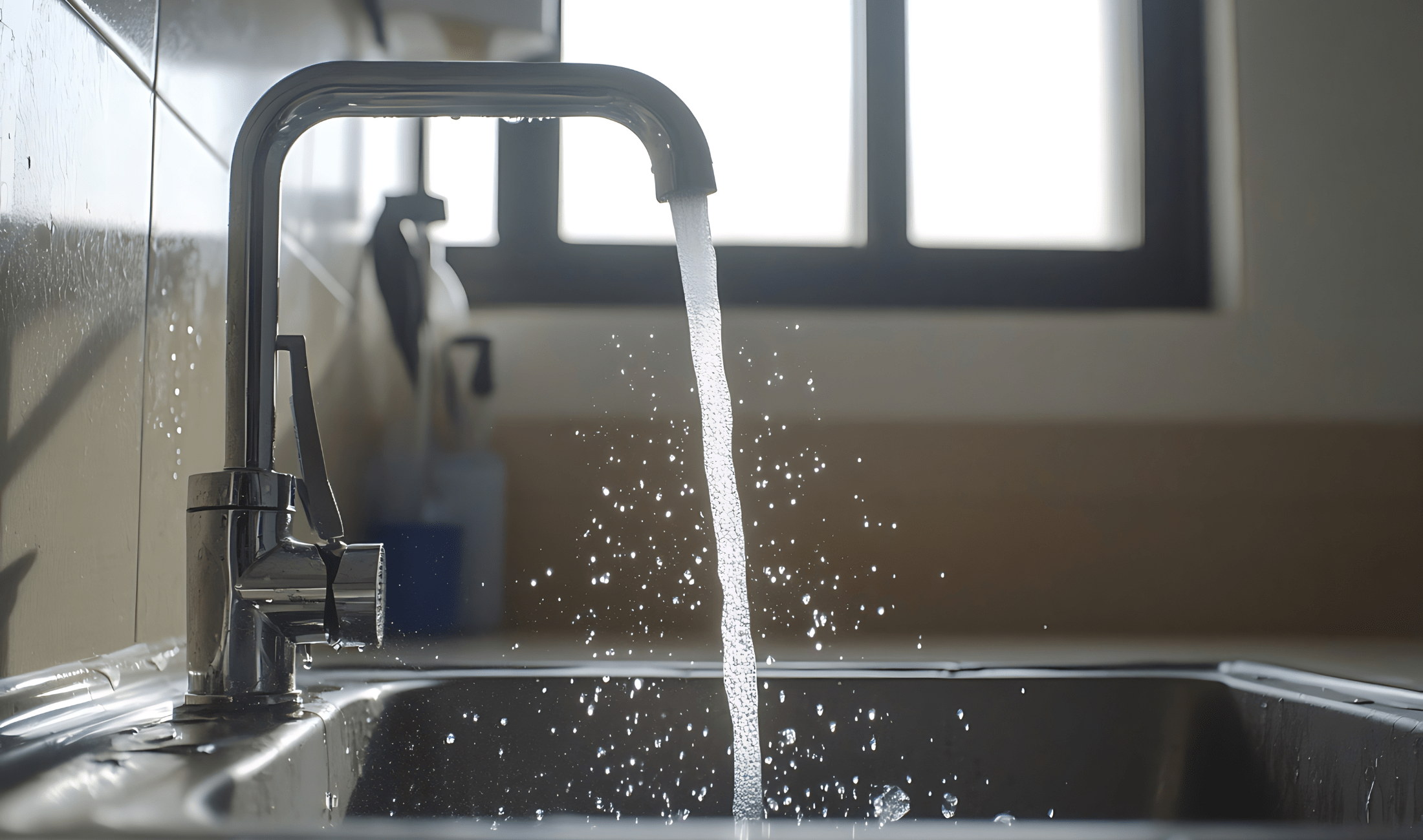 A sink running water, dramatically lit by the window behind it.