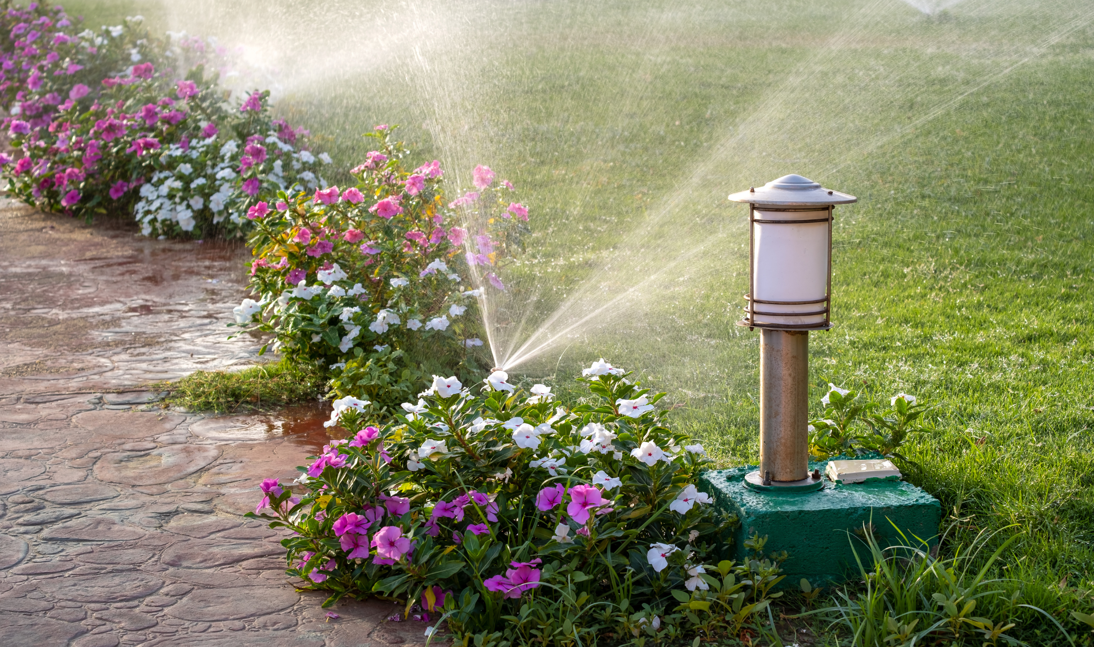 A garden with a sprinkler system that's currently running.