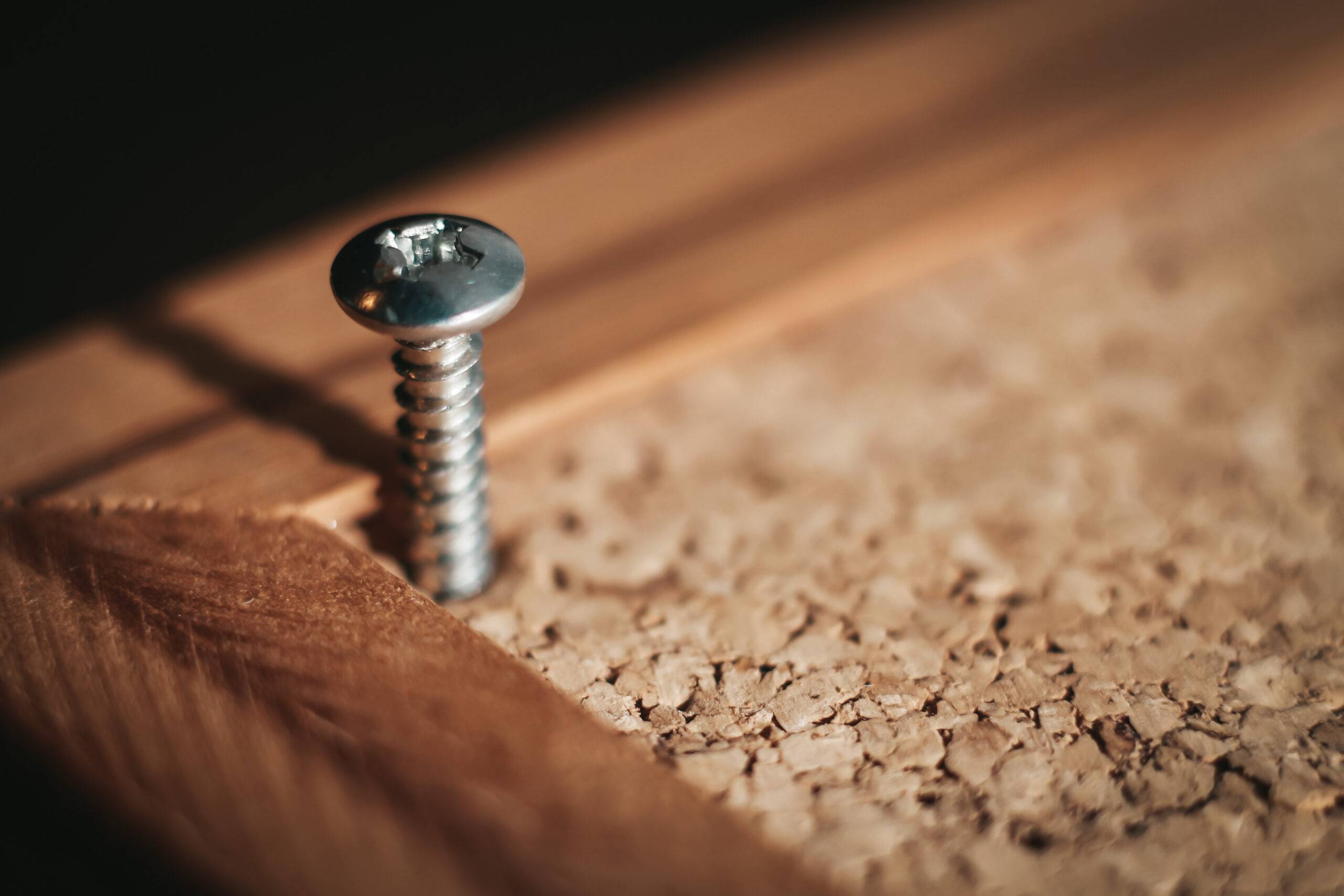 A screw in a corkboard.