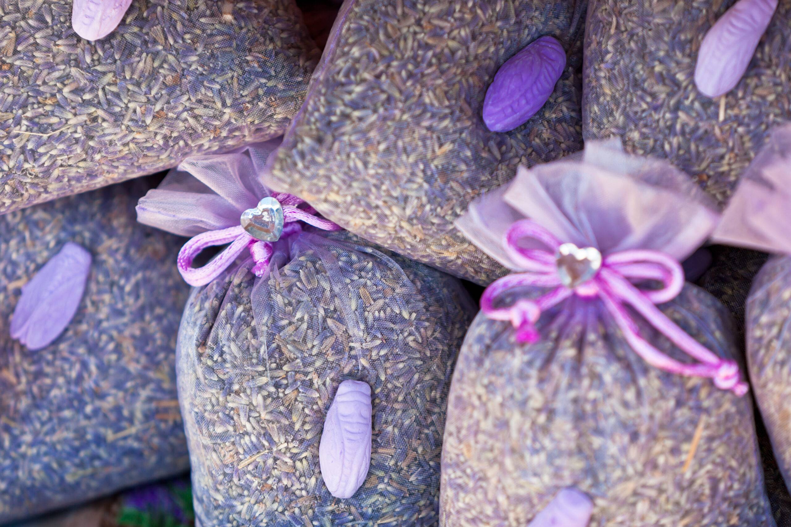 Dried lavender sachets basket. Horizontal shot
