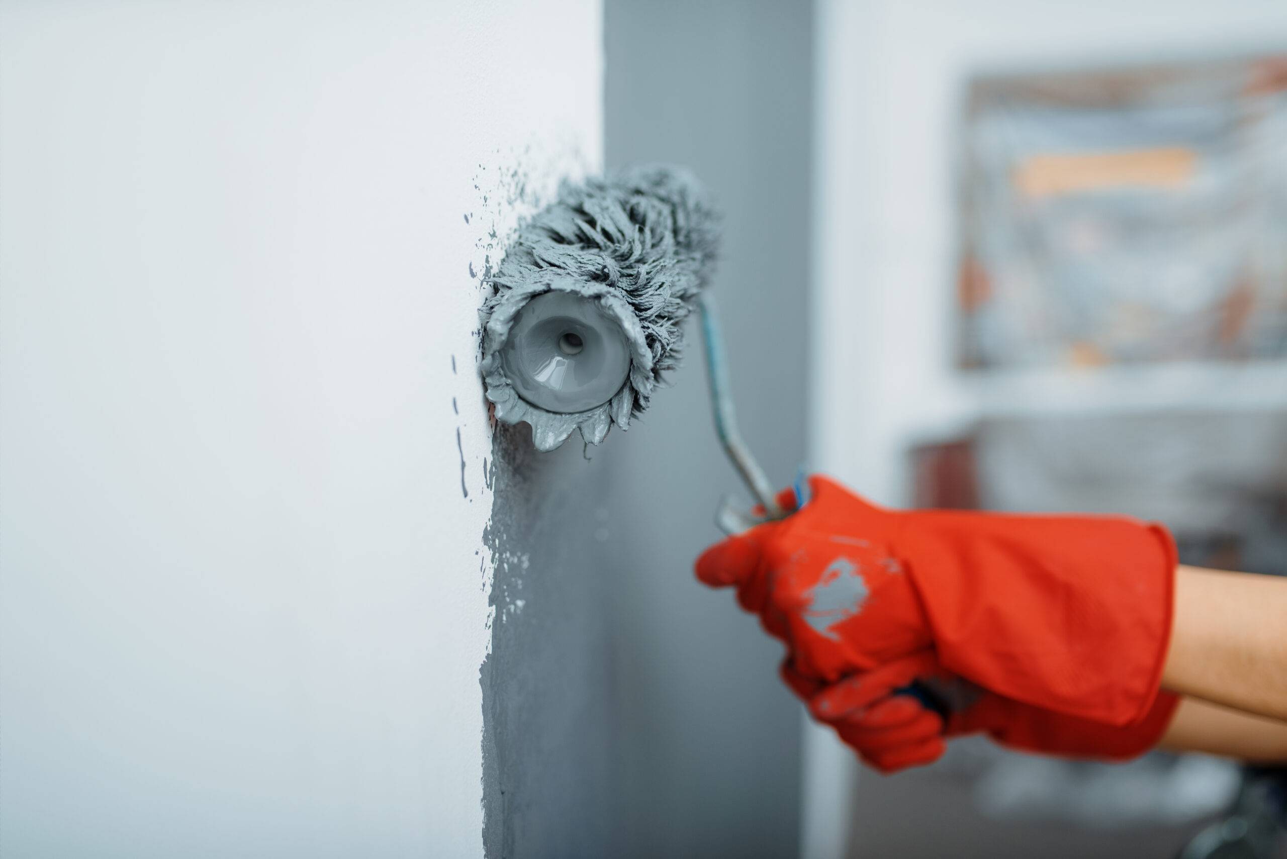Female house painter hand with paint roller against the wall. Home repair, laughing woman doing appartment renovation, room renovation