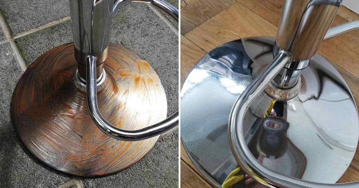 Two photos of the silver base of a stool. On the left, a dull base is covered in a thin layer of ketchup. On the right, it's clean and shiny.