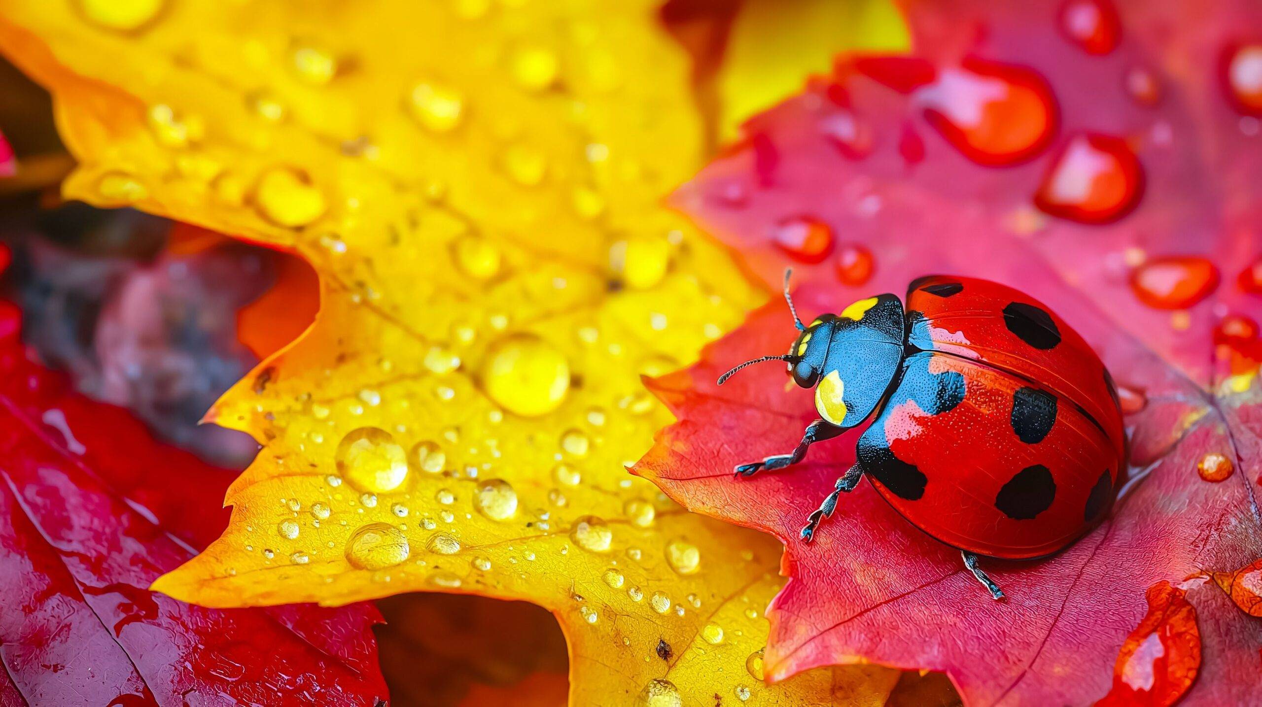 AI-generated vibrant ladybug on colorful autumn leaves with water droplets, showcasing nature's beauty in vivid detail.