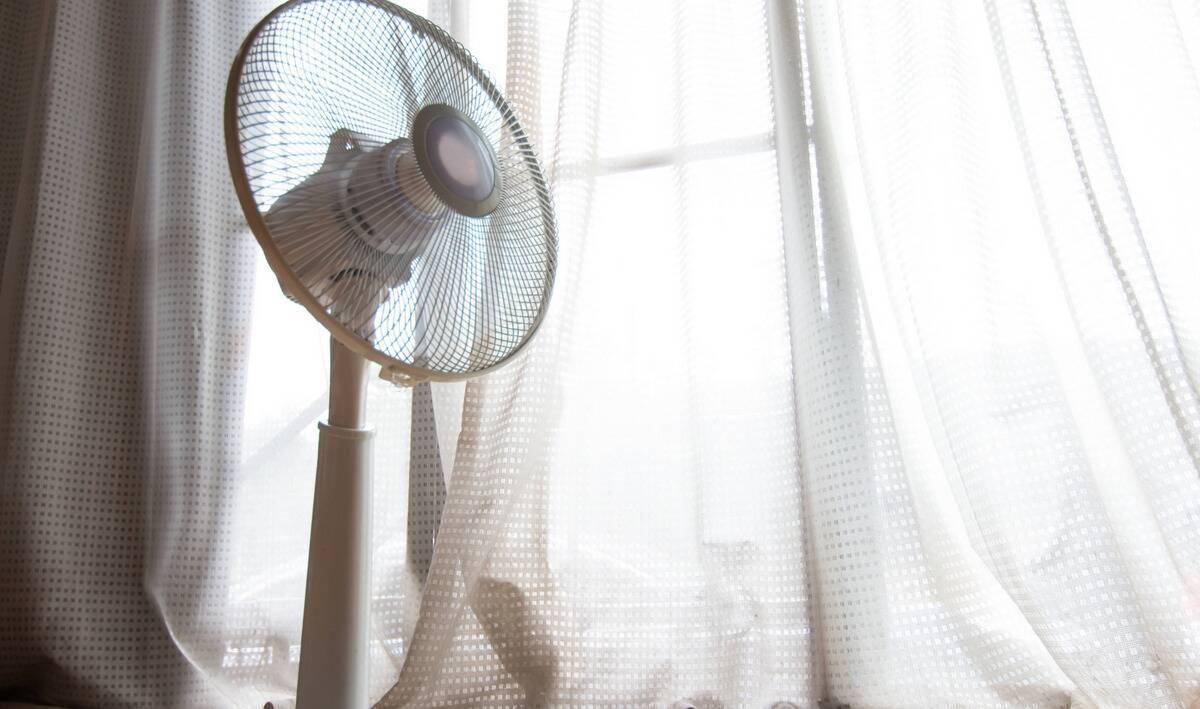 A low-angle shot of an oscillating fan in front of a window.