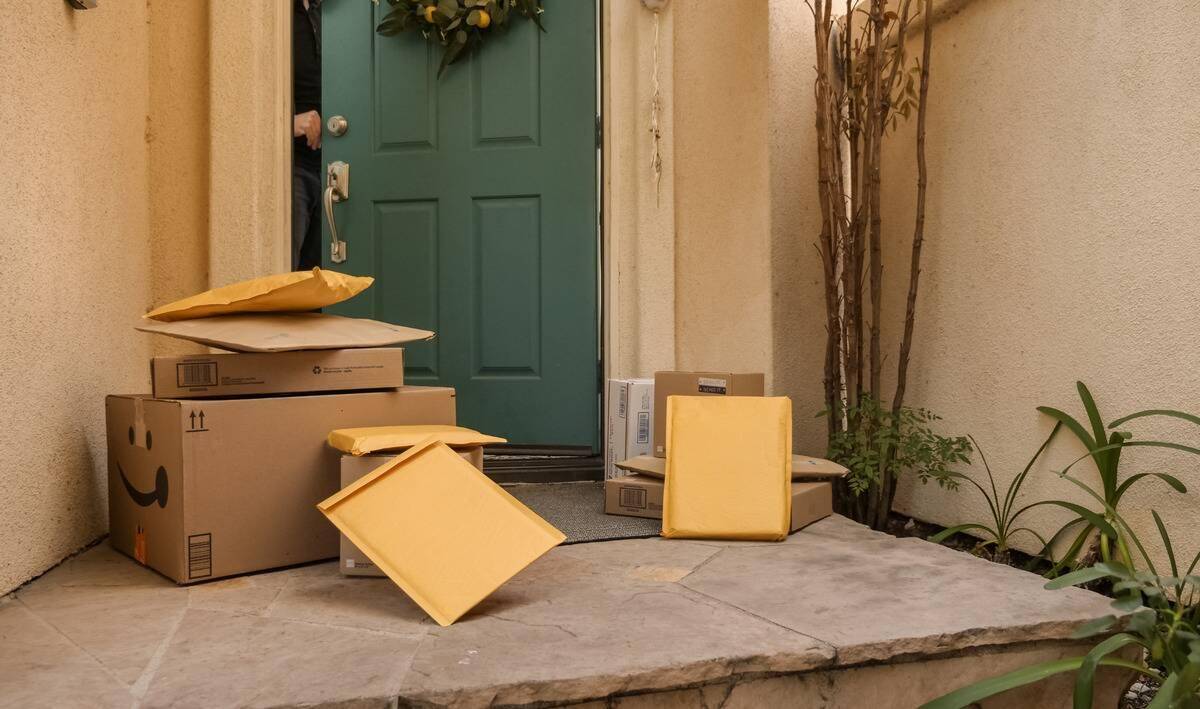 A collection of packages in front of a front door that's just opening.
