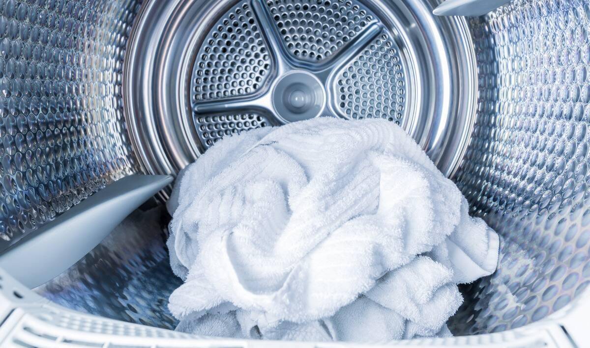 A blanket in a dryer drum.