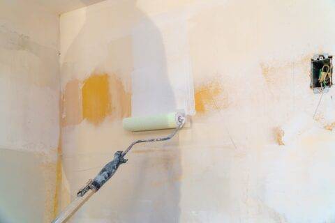 Rear view painter man painting the walls with paint roller