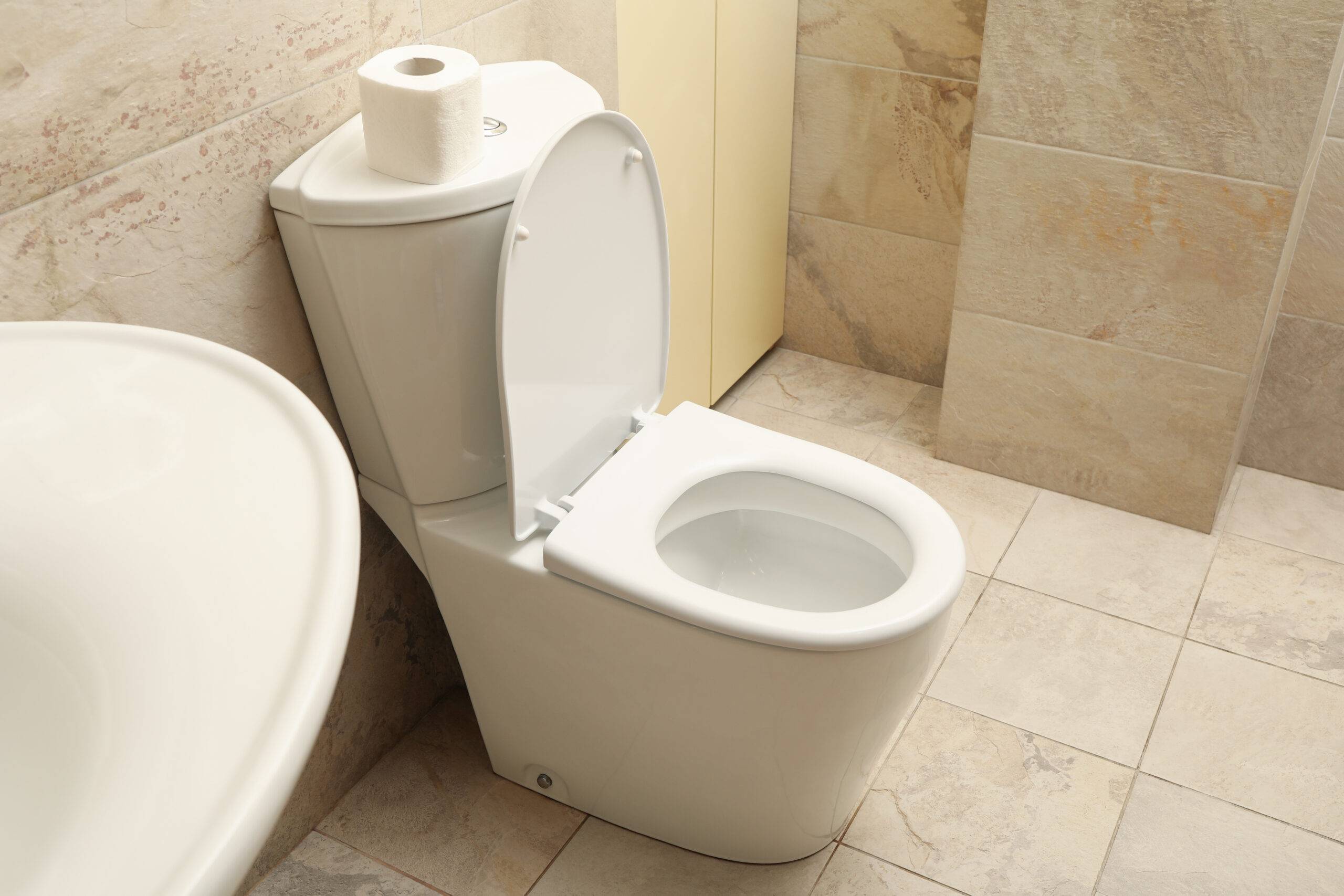 Toilet bowl in modern bathroom in light beige color