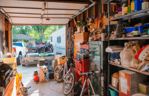 Cluttered garage.