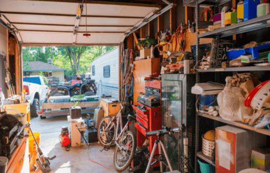 Cluttered garage.